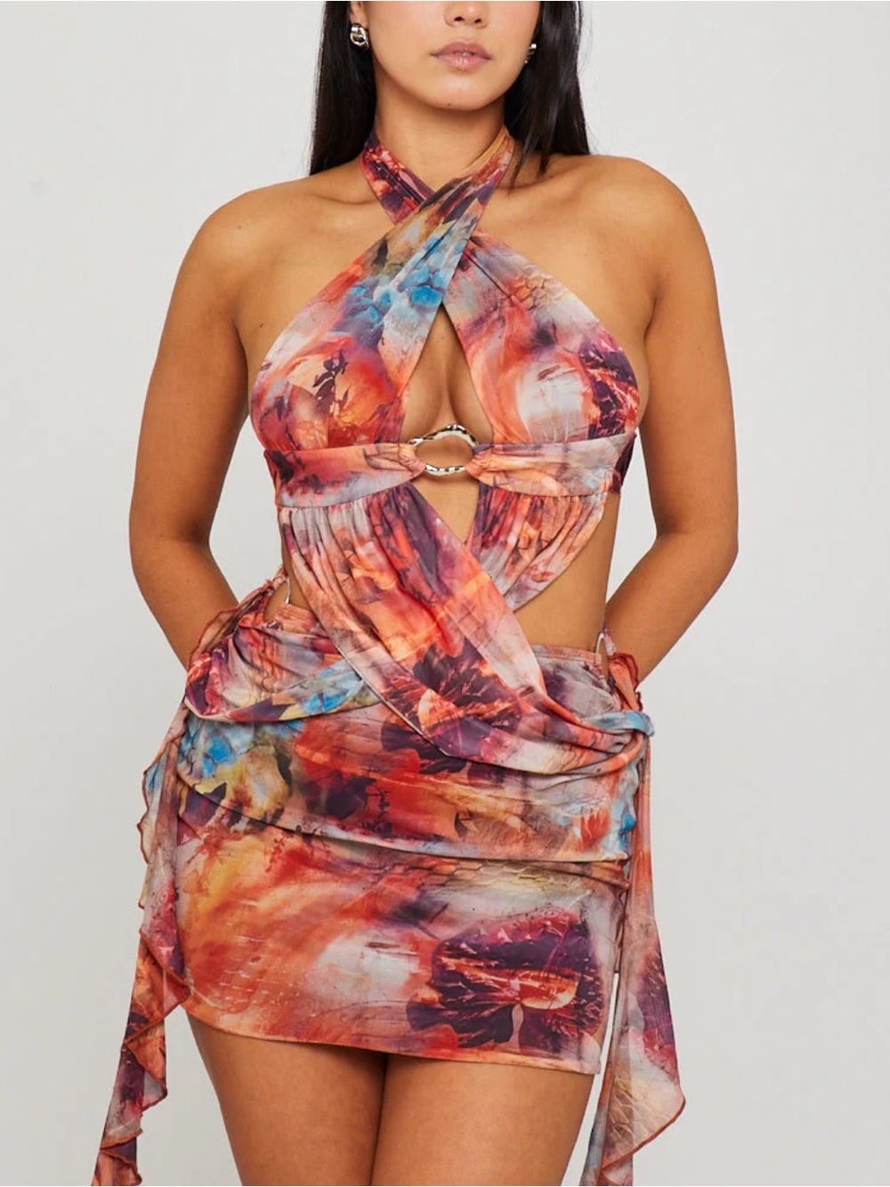 Abstract Tie-Dye Cutout Halter Mini Dress - Multi-Color